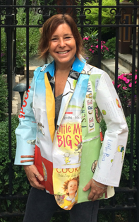 Author Amy Krouse Rosenthal modeling her "Book Jacket Jacket"